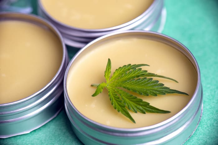 Cannabis salve with hemp and CBD oil and marijuana leaves on green background