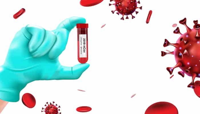 Pandemic flu coronavirus or covid 19 outbreak concept. Hand holding blood tube test isolated on background. Vector illustration design.