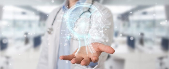 Doctor on blurred background using digital artificial intelligence interface 3D rendering