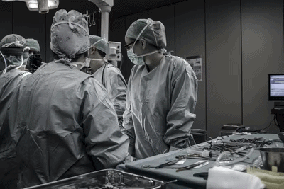 Doctors in a hospital theatre with surgery tools on a table.