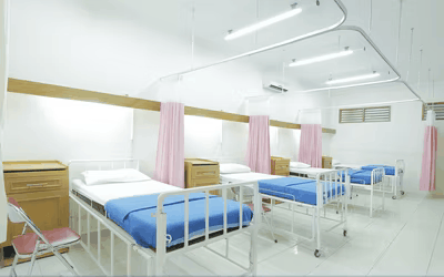 Three hospital beds in a white room.