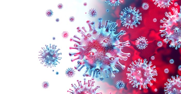 Coronavirus pandemic spread and outbreak or coronaviruses influenza background as dangerous flu strain cases as a pandemic medical health risk concept with disease cells as a 3D render.