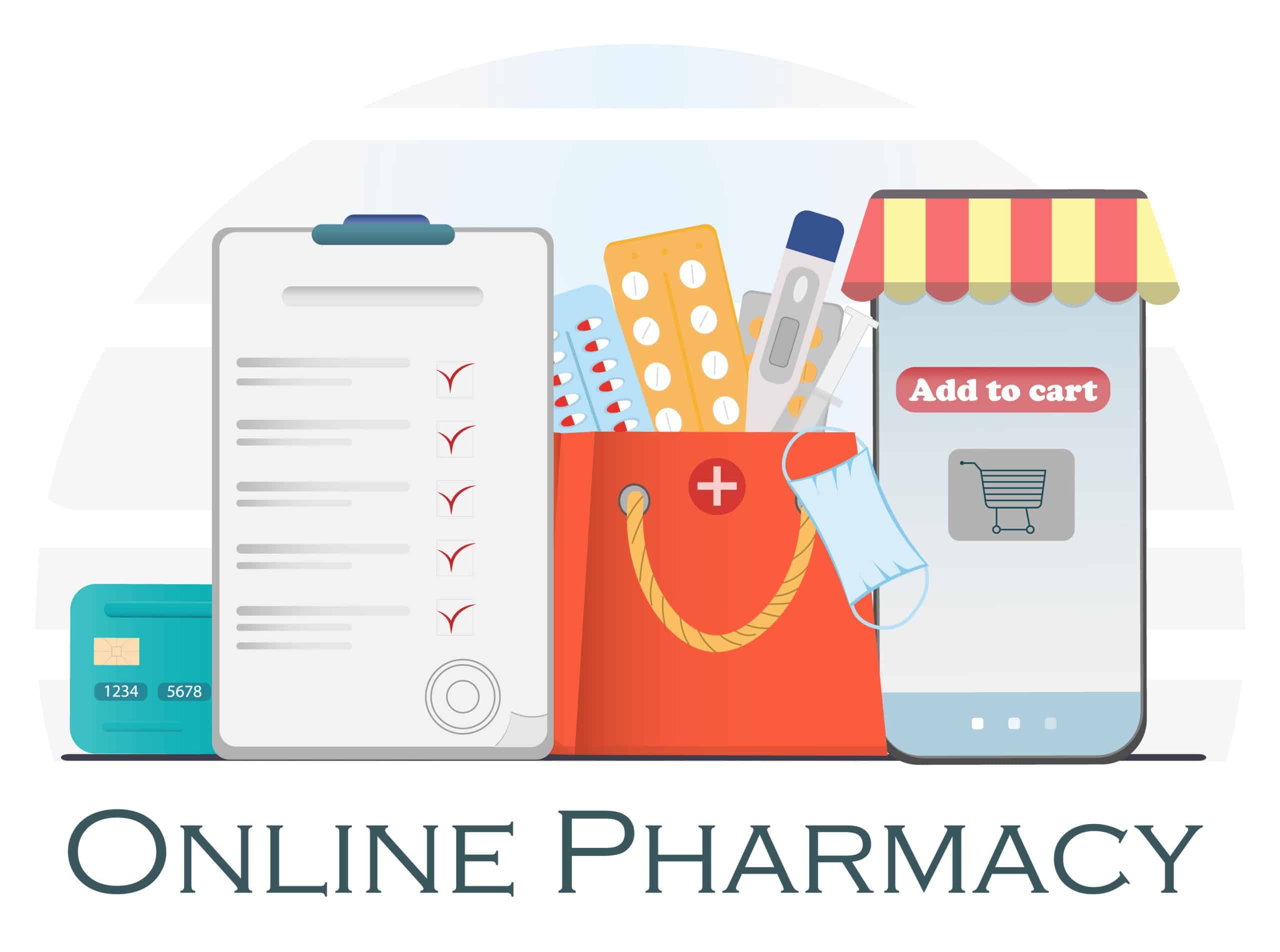 Mobile phone with medical pills, termometr, vitamines and other medicines in shoppong bag, online pharmacy concept, flat vector illustration