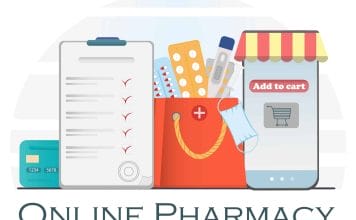 Mobile phone with medical pills, termometr, vitamines and other medicines in shoppong bag, online pharmacy concept, flat vector illustration