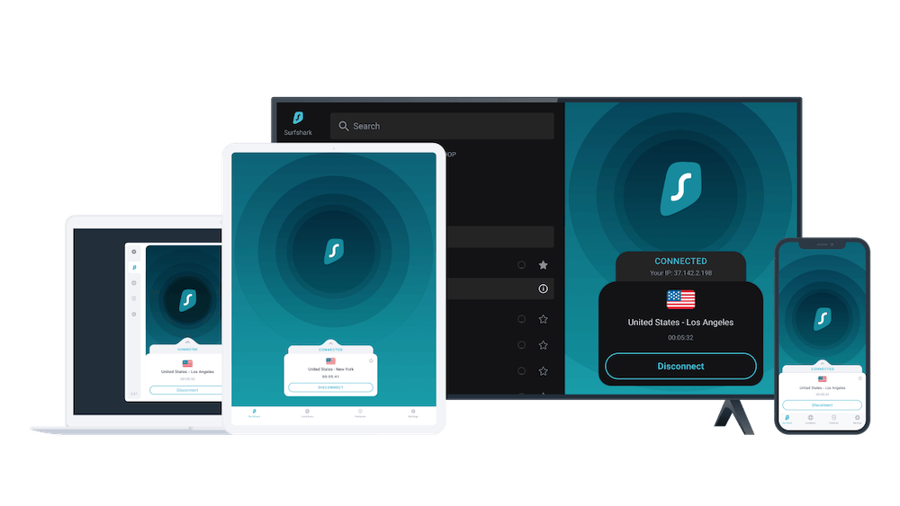 A person using Surfshark VPN app with multiple features