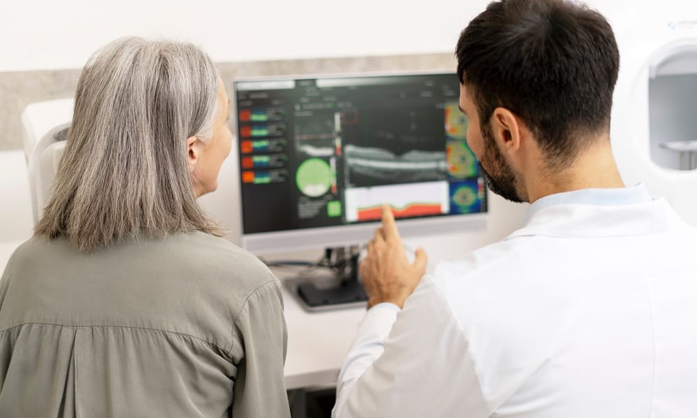 A healthcare professional wearing a white coat sits beside a patient, gesturing to medical imaging displayed on a screen.