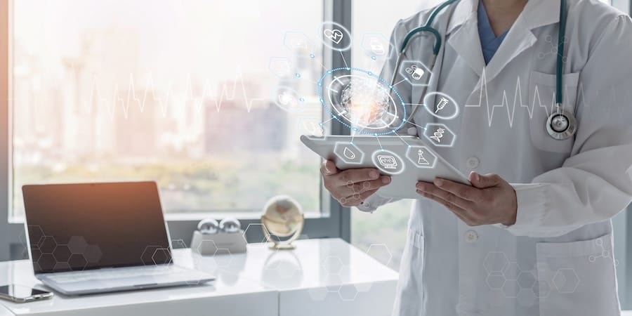 Doctor using digital tablet with AI-powered healthcare icons and medical data visualization, symbolizing artificial intelligence and technology integration in modern medicine.