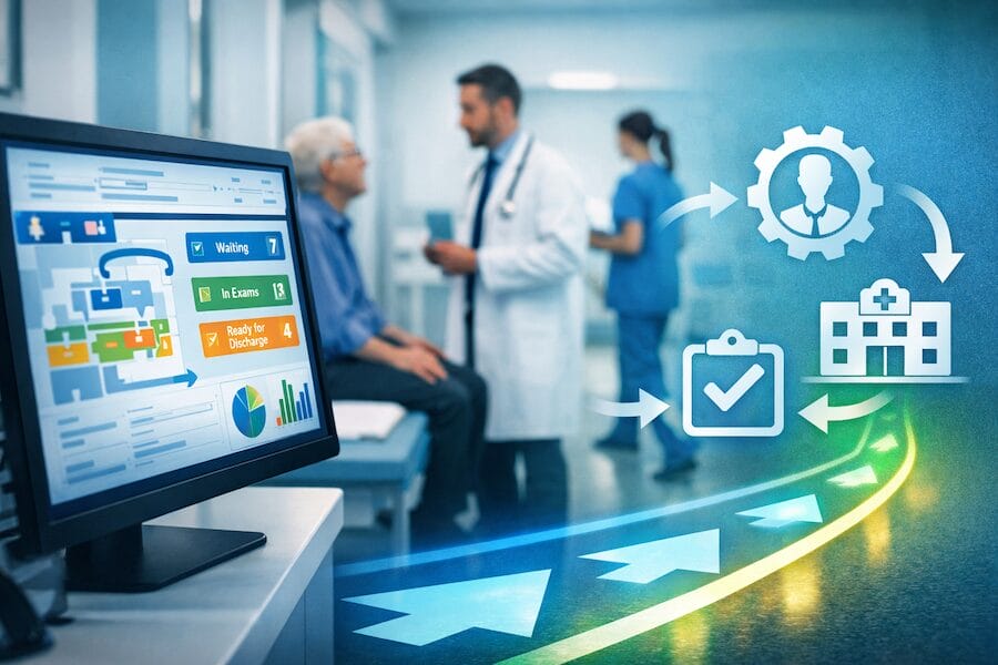 Hospital dashboard showing real-time patient flow data while clinicians speak with a patient in a hospital corridor.